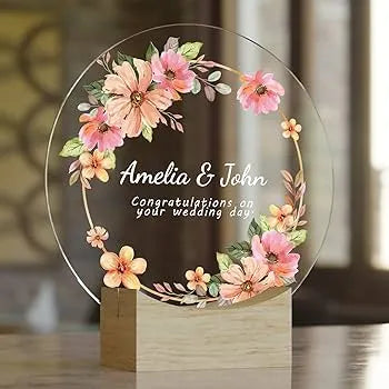 Personalized Acrylic Wedding Plaque with Floral Design – Custom Couple Name Gift