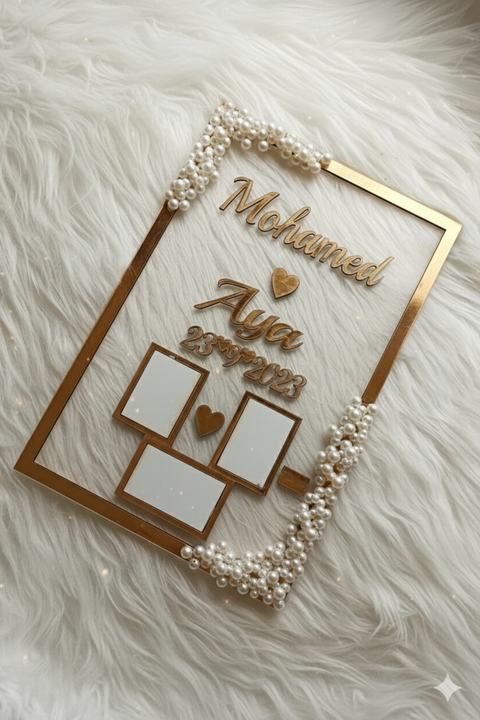 Personalized Acrylic Engagement Plaque with Names & Date – Elegant Gold & Pearl Design