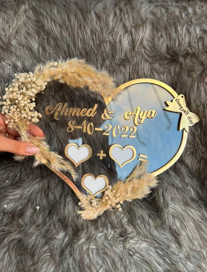 Personalized Heart-Shaped Wedding Keepsake – Custom Name & Date Engraved Mirror Plaque