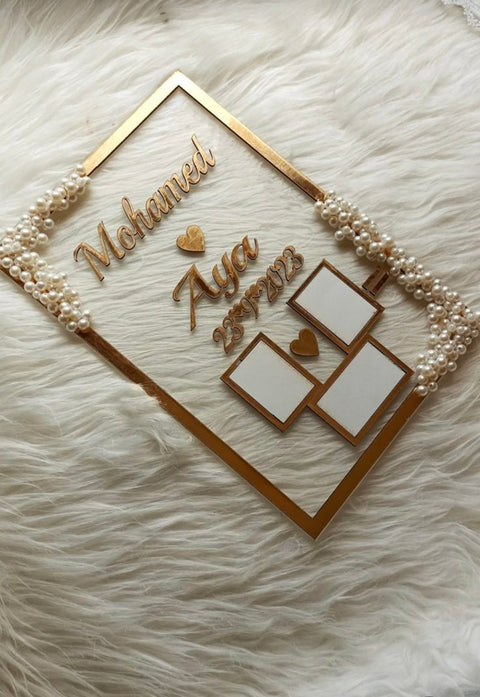 Personalized Acrylic Engagement Plaque with Names & Date – Elegant Gold & Pearl Design